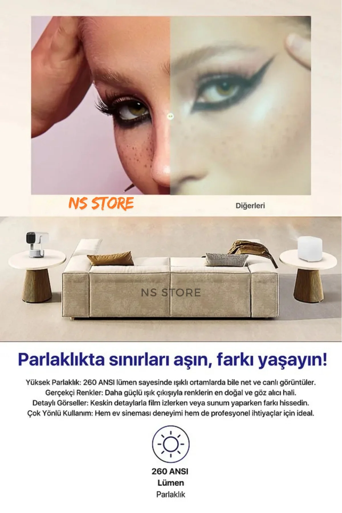 Taşınabilir LED Projeksiyon Cihazı, 1080P Çözünürlük ve 4K Destekli, Kablosuz Bağlantı Özellikli