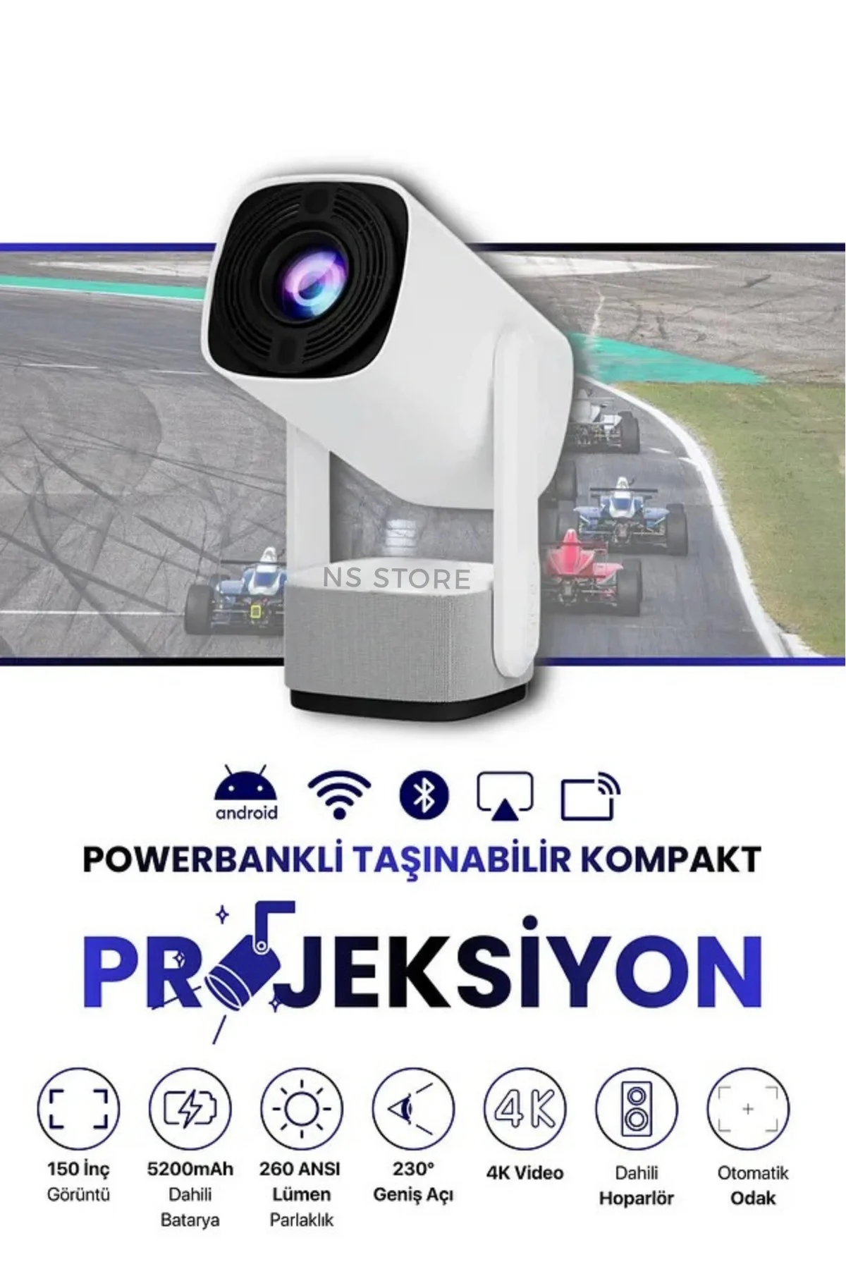 Taşınabilir LED Projeksiyon Cihazı, 1080P Çözünürlük ve 4K Destekli, Kablosuz Bağlantı Özellikli