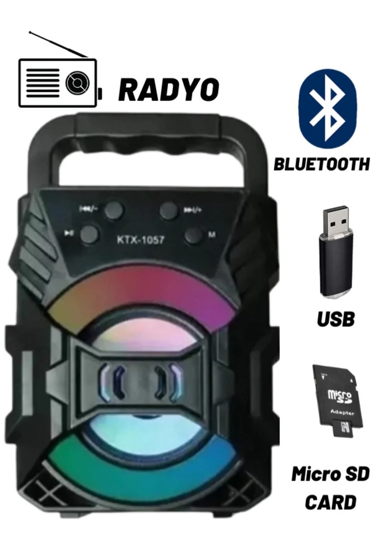 Taşınabilir Mini Işıklı Bluetooth Hoparlör, FM Radyo, USB ve SD Kart Girişli, Turkuaz Renk