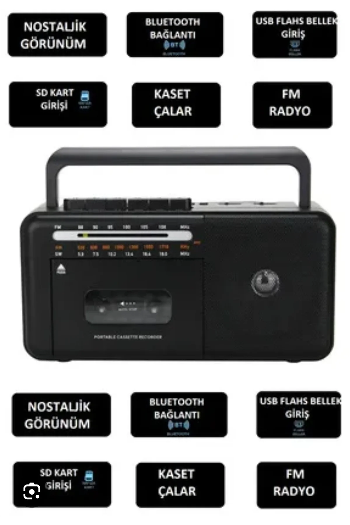 Taşınabilir nostaljik radyo kaset çalar FM radyo USB MP3 çalar Bluetooth hoparlör siyah