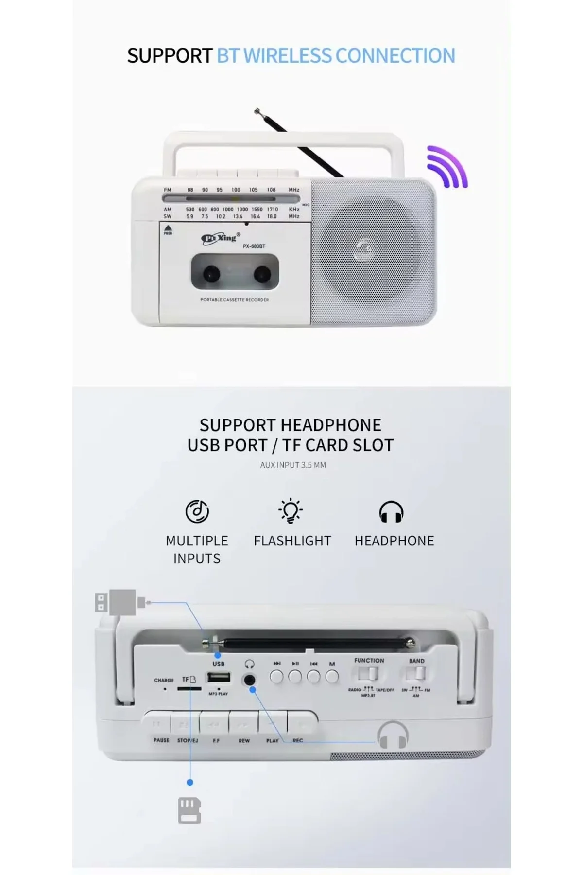 Taşınabilir nostaljik radyo kaset çalar FM radyo USB MP3 player Bluetooth hoparlör beyaz