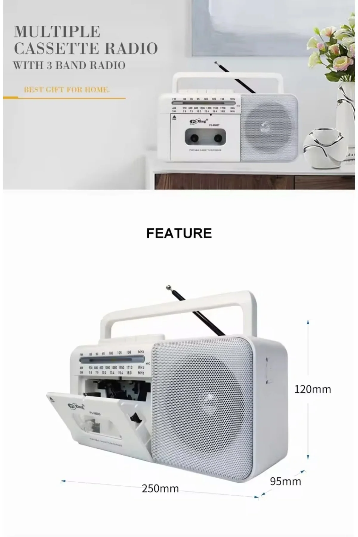 Taşınabilir nostaljik radyo kaset çalar FM radyo USB MP3 player Bluetooth hoparlör beyaz