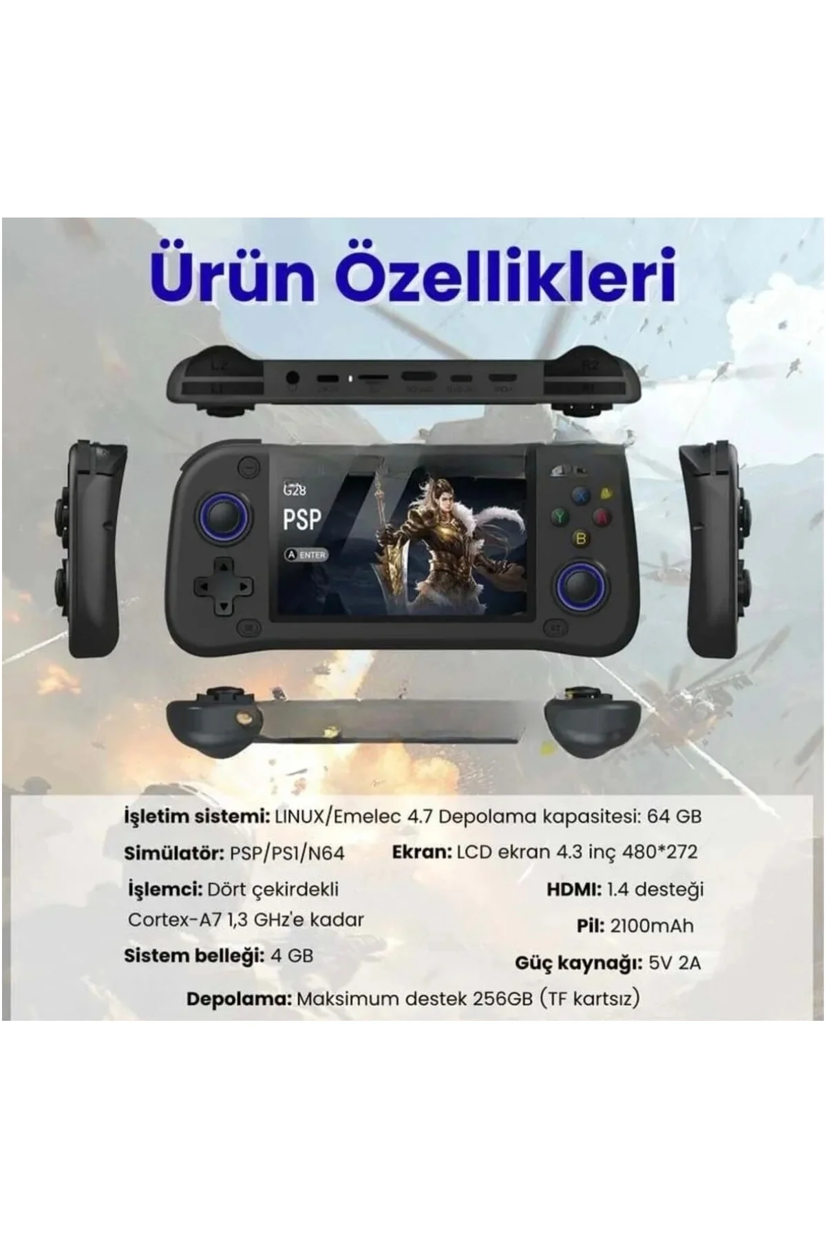 Taşınabilir oyun konsolu 4.3 inç HD ekran siyah 64GB depolama 4GB RAM Bluetooth yok
