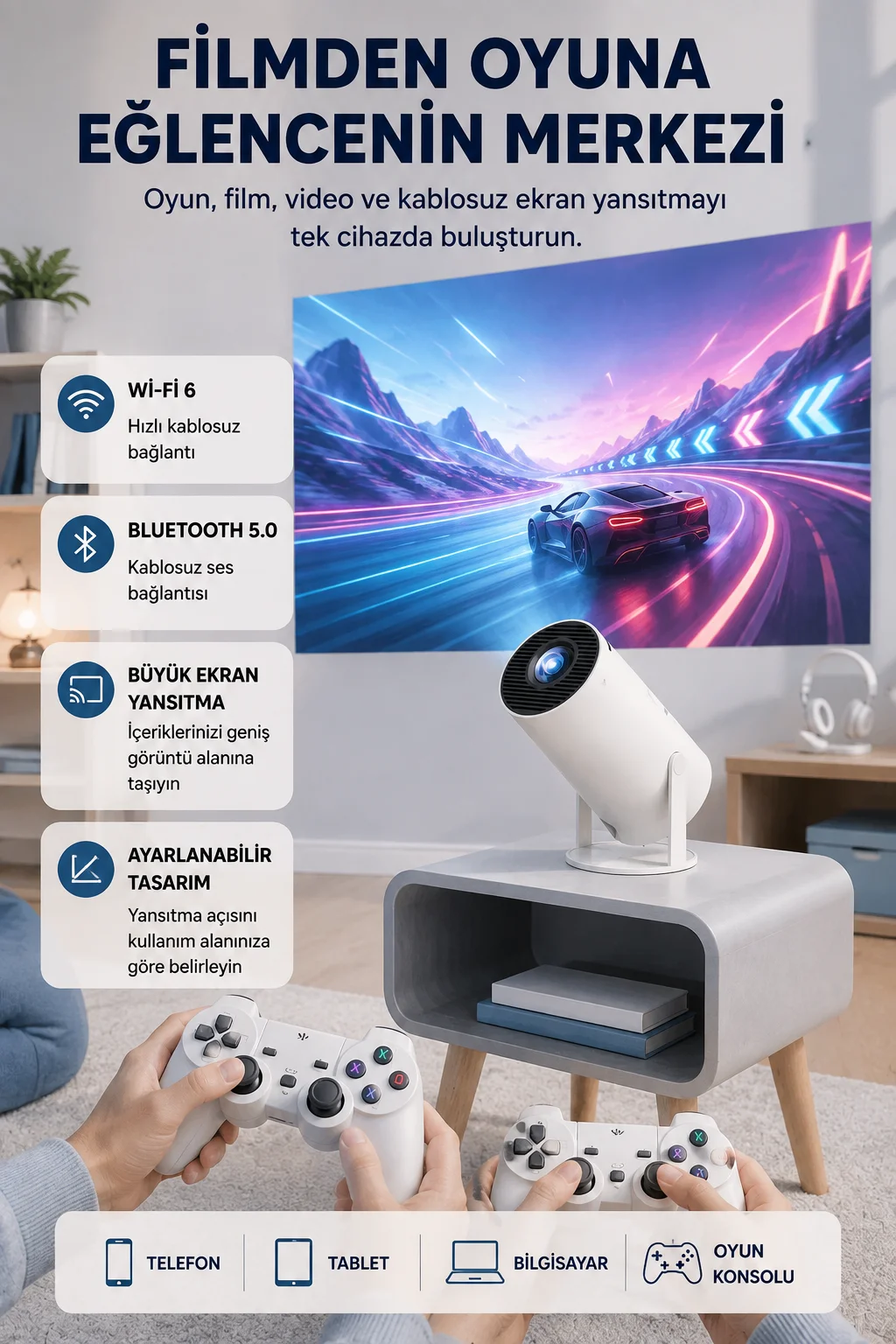 Taşınabilir Projeksiyon Cihazı 4K Destekli Wi-Fi Kablosuz Ekran Yansıtma Fiyatı, Yorumları ve Özellikleri