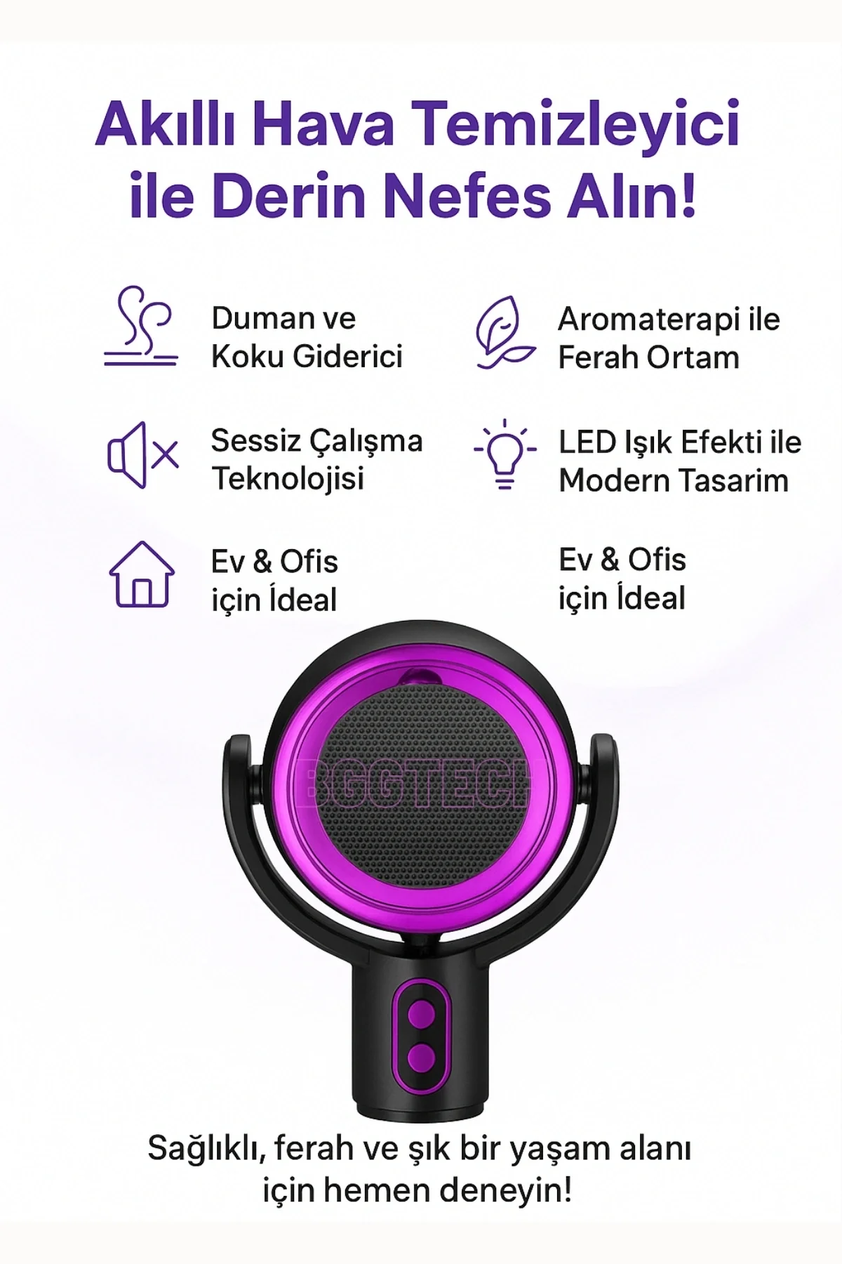 Taşınabilir Şarjlı Hava Temizleyici, Yıkanabilir Filtreli Duman ve Koku Giderici Akıllı Cihaz