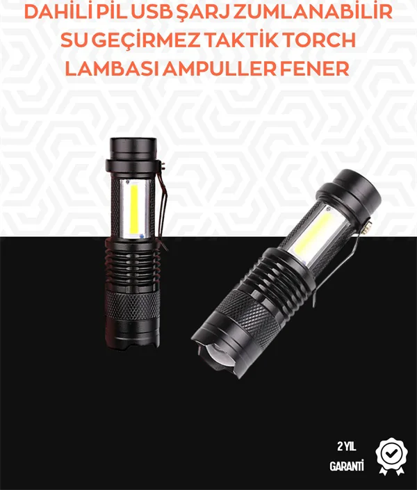 Taşınabilir Şarjlı Led Fener - 4 Modlu, 2000lm, Ayarlanabilir Oda
