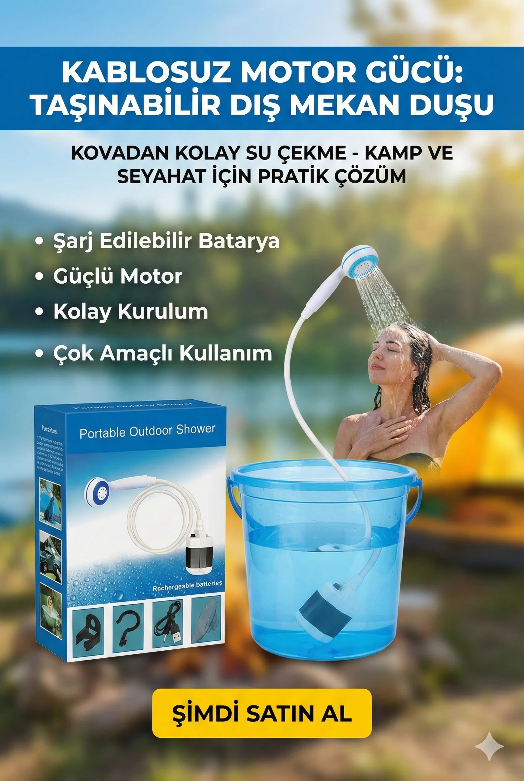Taşınabilir Şarjlı Seyyar Duş Seti ( Pompa - Hortum - Duş Başlığı )
