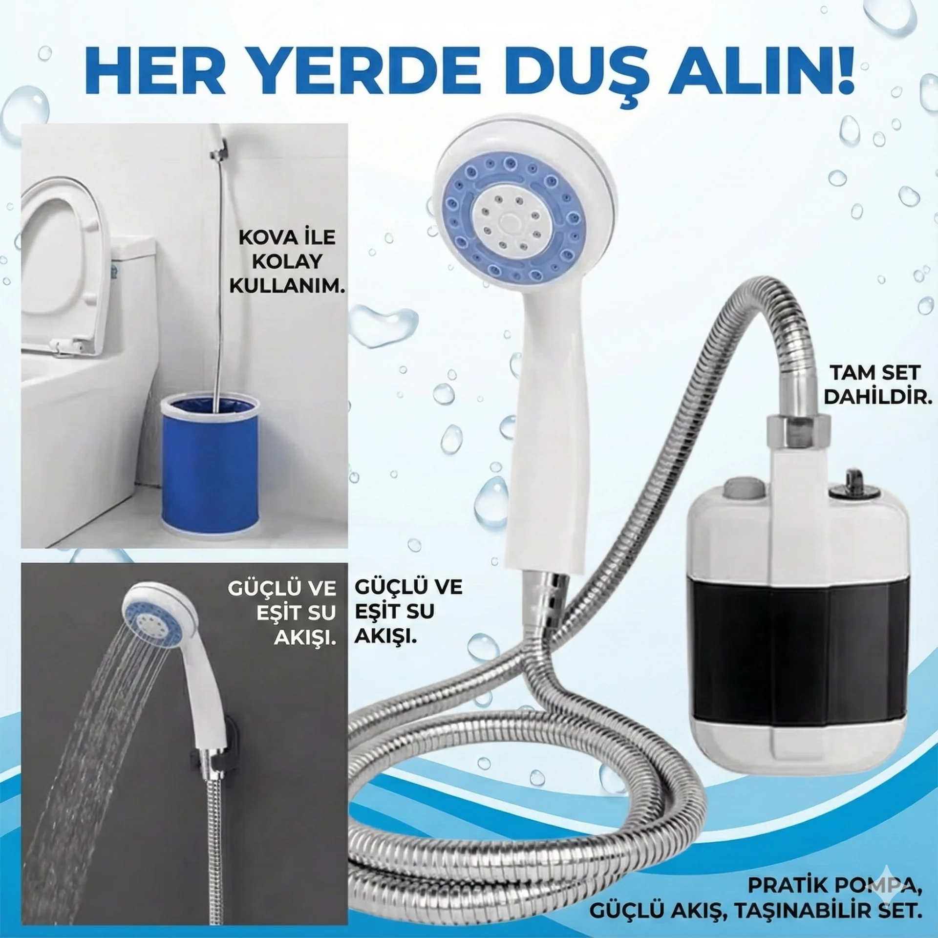 Taşınabilir Şarjlı Seyyar Duş Seti ( Pompa - Hortum - Duş Başlığı ) Taşınabilir Şarjlı Seyyar Duş Seti ( Pompa - Hortum - Duş Başlığı )