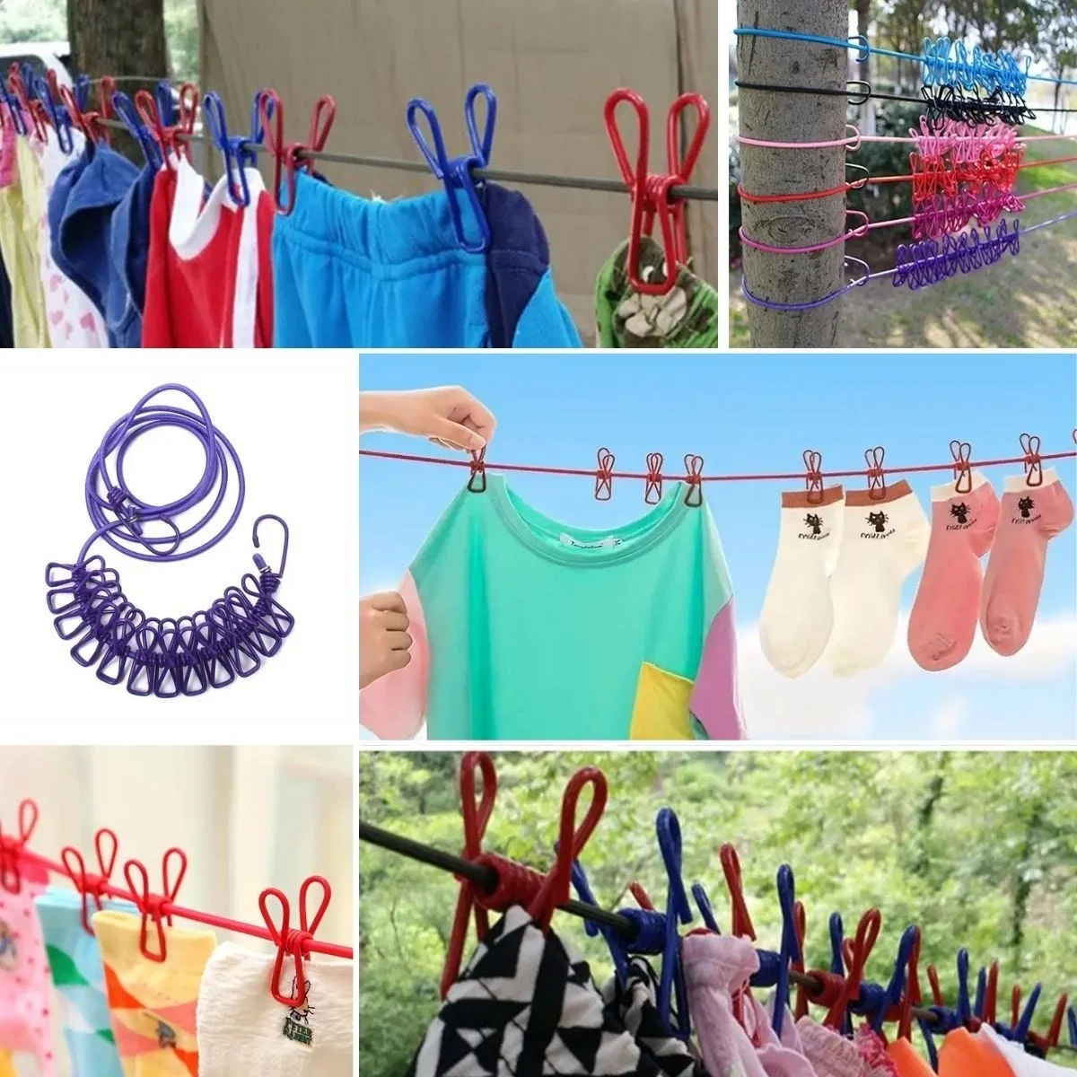 Taşınabilir Seyahat Çamaşır İpi 12 Mandallı Klipsli Lastikli Çamaşır Mandalları Bx40