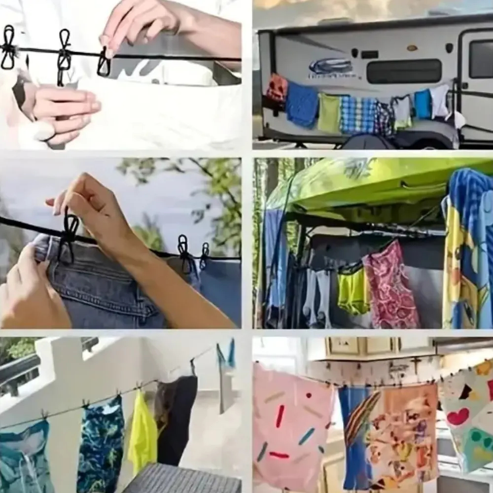 Taşınabilir Seyahat Çamaşır İpi 12 Mandallı Klipsli Lastikli Çama