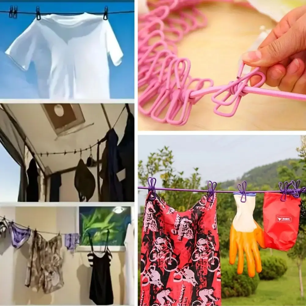 Taşınabilir Seyahat Çamaşır İpi 12 Mandallı Klipsli Lastikli Çama