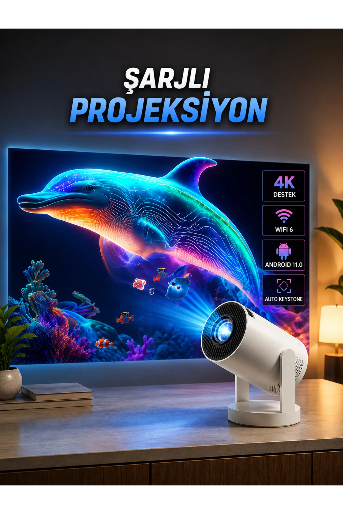 Taşınabilir Sinema Oyun Projektörü Akıllı Projeksiyon Android 11
