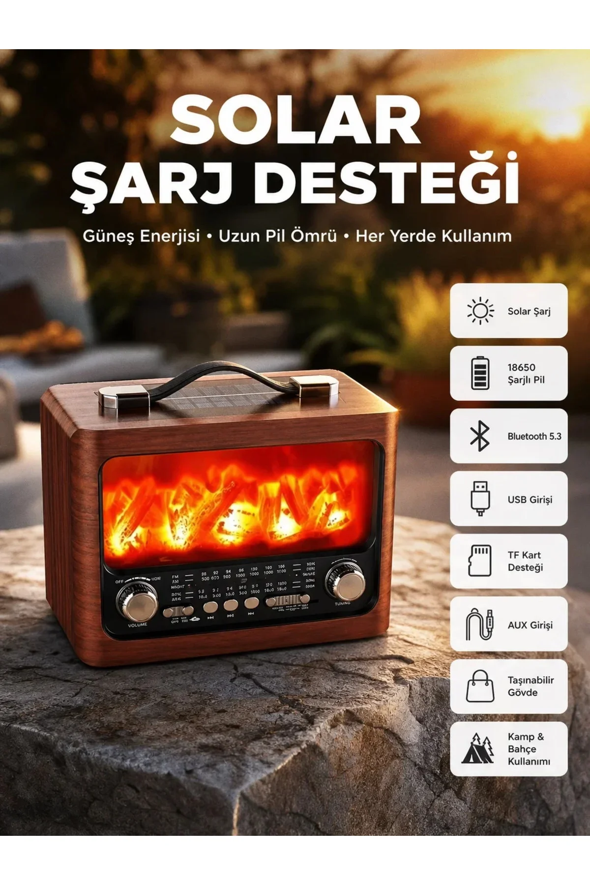 Taşınabilir Şömine Görünümlü Bluetooth Hoparlör – Solar Şarjlı, Alev Işıklı, 7W Ses Taşınabilir Şömine Görünümlü Bluetooth Hoparlör – Solar Şarjlı, Alev Işıklı, 7W Ses