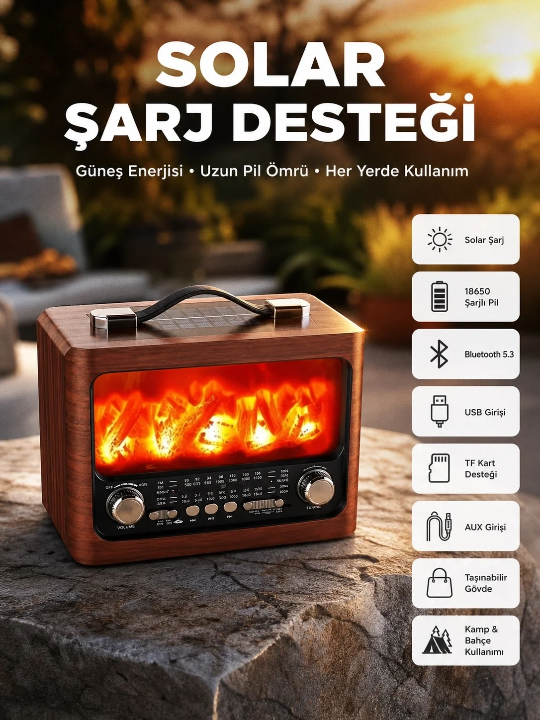 Taşınabilir Şömine Görünümlü Bluetooth Hoparlör – Solar Şarjlı, Alev Işıklı, 7W Ses Fiyatı, Yorumları ve Özellikleri