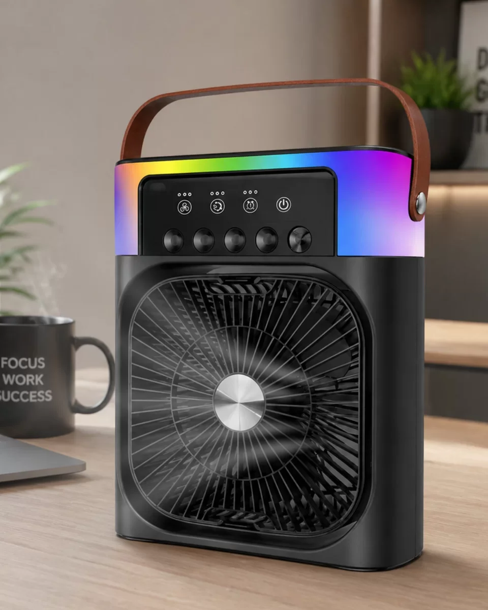 Taşınabilir Sprey Fan RGB Işıklı Mini Klima Soğutucu Nemlendirici – 3 Hızlı Mod, USB Şarjlı ve Sessiz İşlemeli