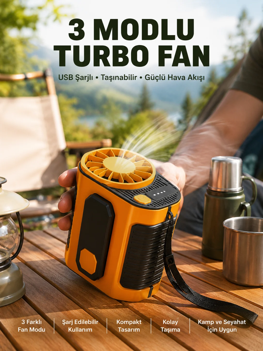 Taşınabilir USB Şarjlı Turbo Fan – 3 Modlu Soğutma, Hafif & Kompakt