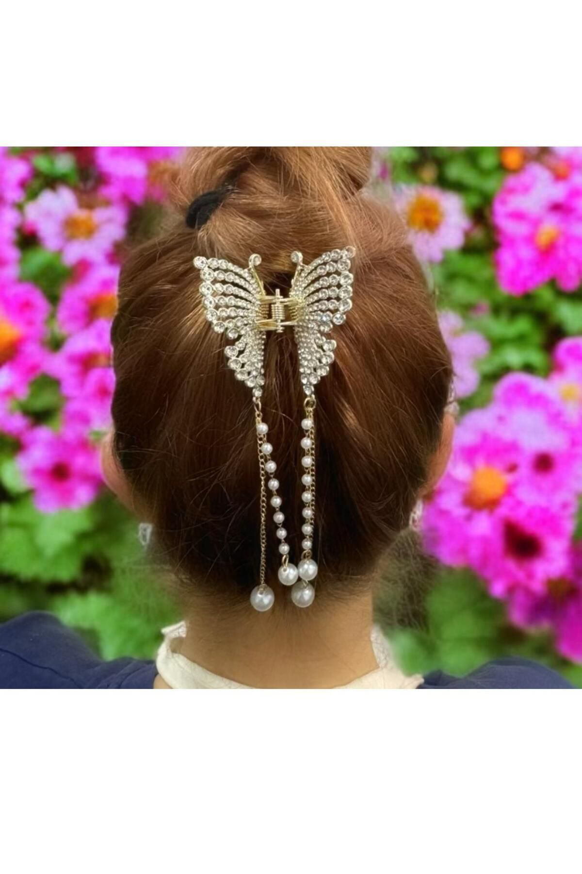 Arescollection Taşlı İncili Zincir Sallantılı Şık Kelebek Model Mandal Toka