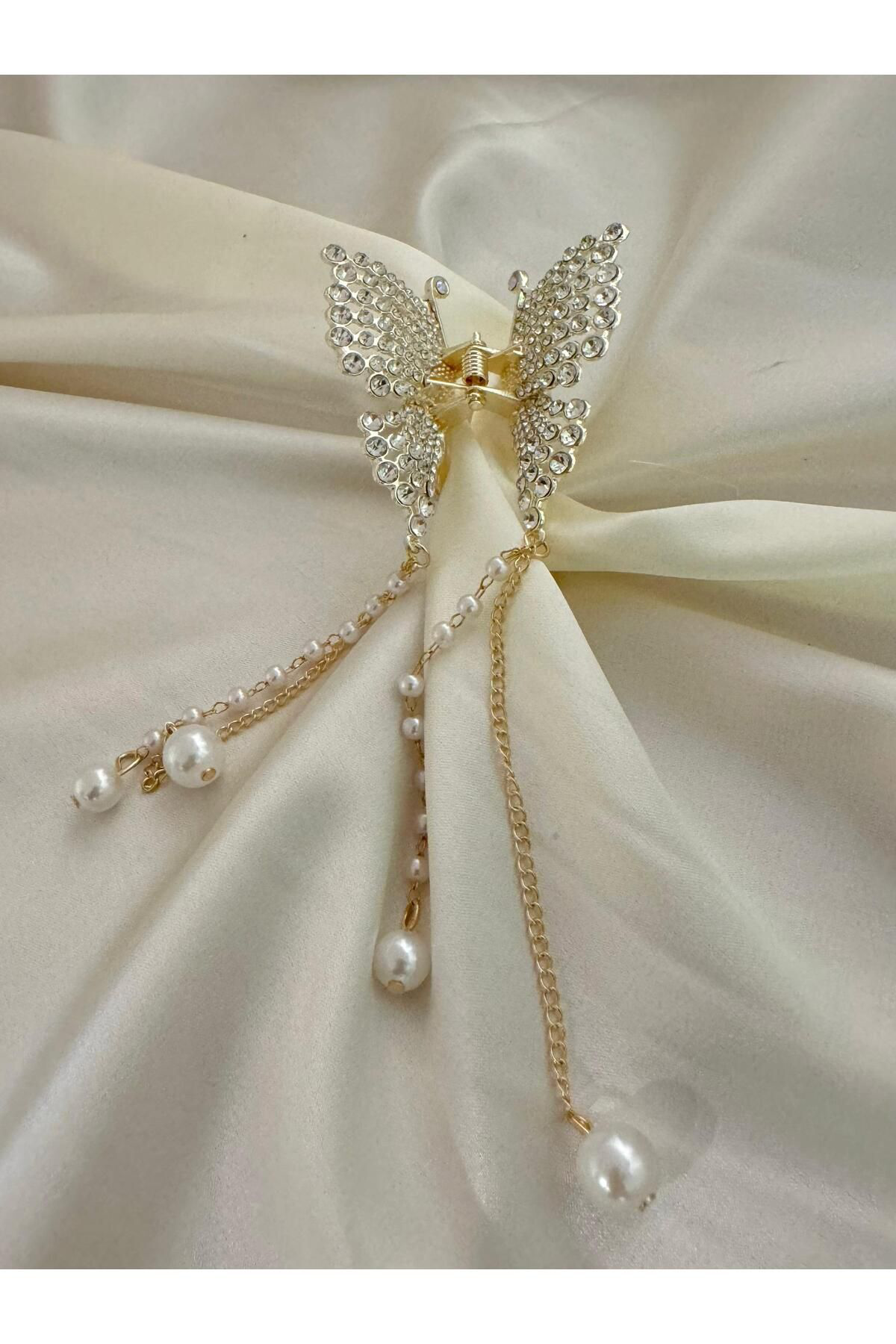 Arescollection Taşlı İncili Zincir Sallantılı Şık Kelebek Model Mandal Toka