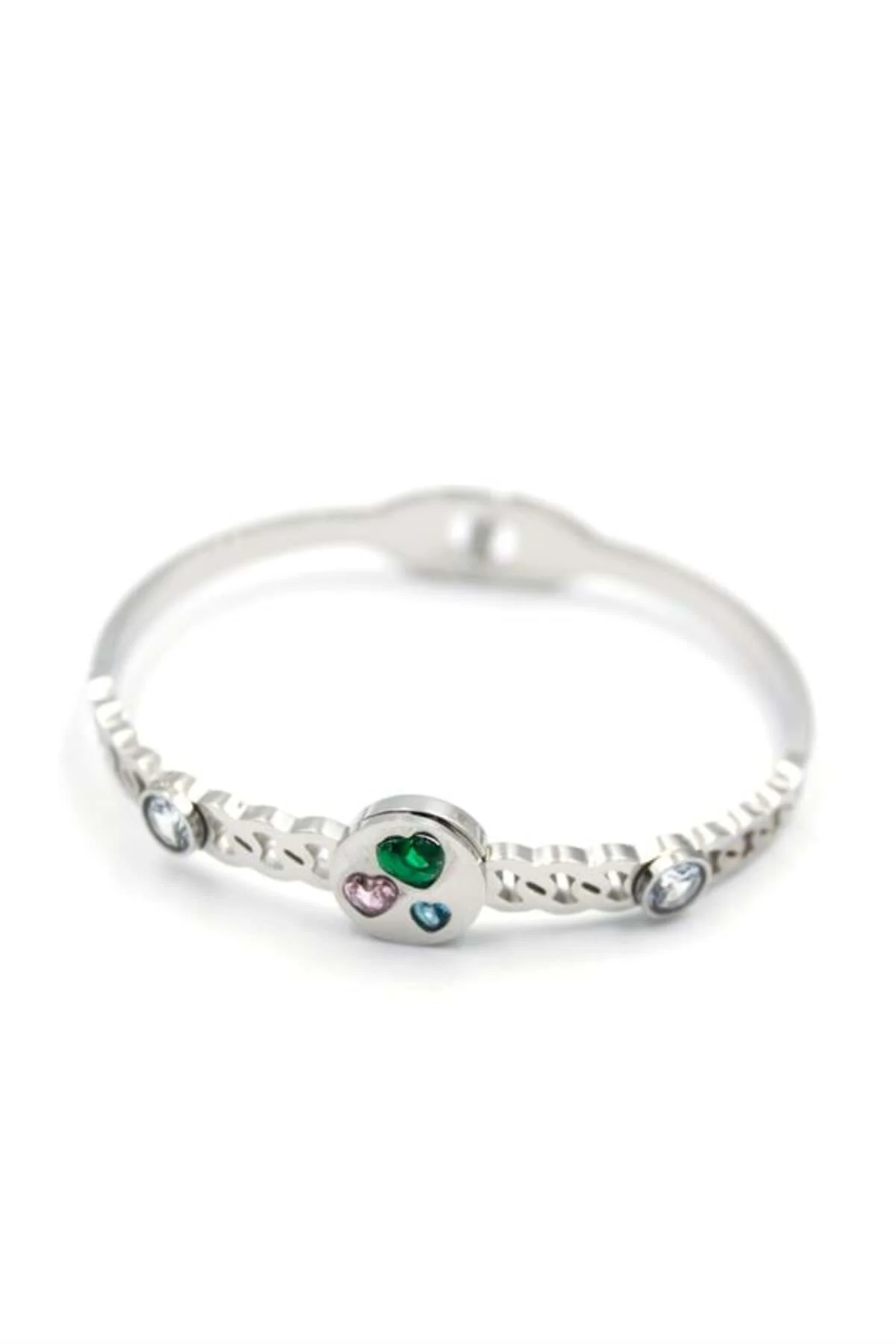 Taşlı Kalp Bilezik - Gümüş