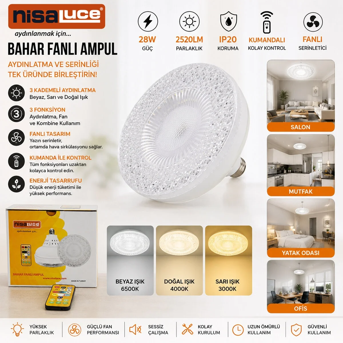 Tavan 28w - Ip20 - 2520lm Kumandalı - 3 Kademeli - 3 Fonksiyon 38x15cm Bahar Fanlı Vantilatör Ampul Beyaz-sarı-doğal Işık E-112 Bx40 Fiyatı, Yorumları ve Özellikleri