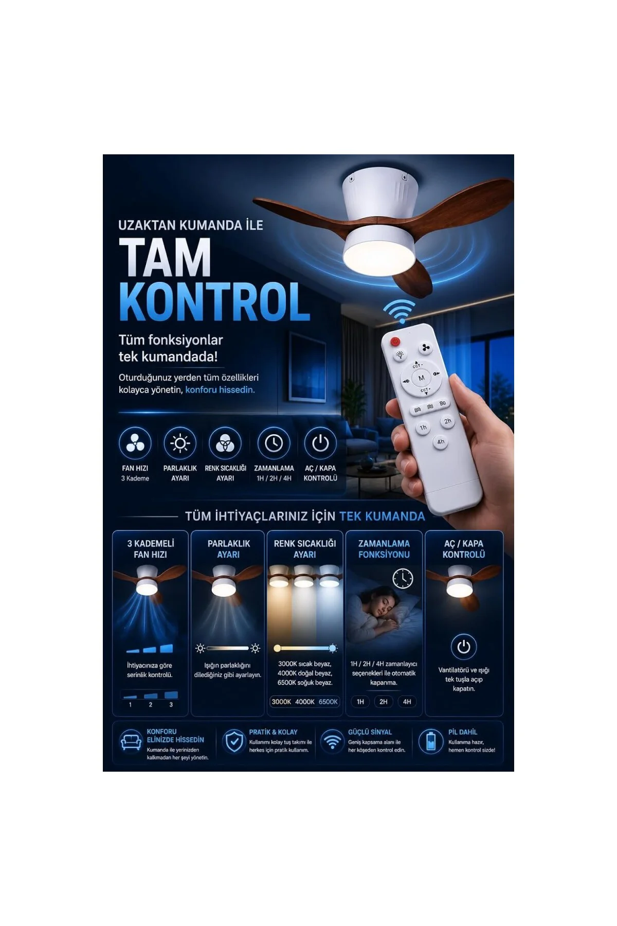 Tavan Vantilatörü LED Avize Armatür 45W 54CM 3 Kanatlı Sessiz DC 