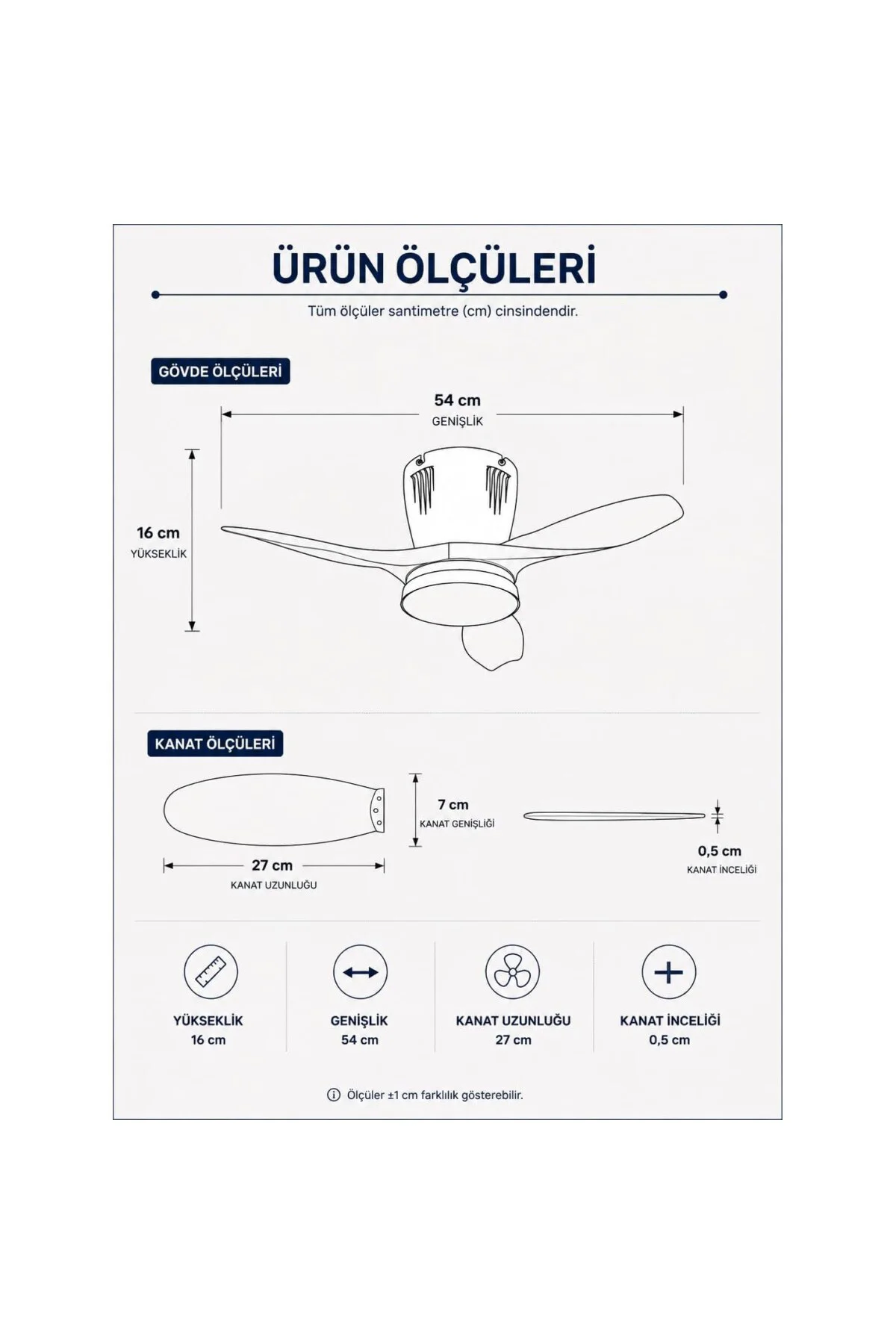 Tavan Vantilatörü LED Avize Armatür 45W 54CM 3 Kanatlı Sessiz DC 