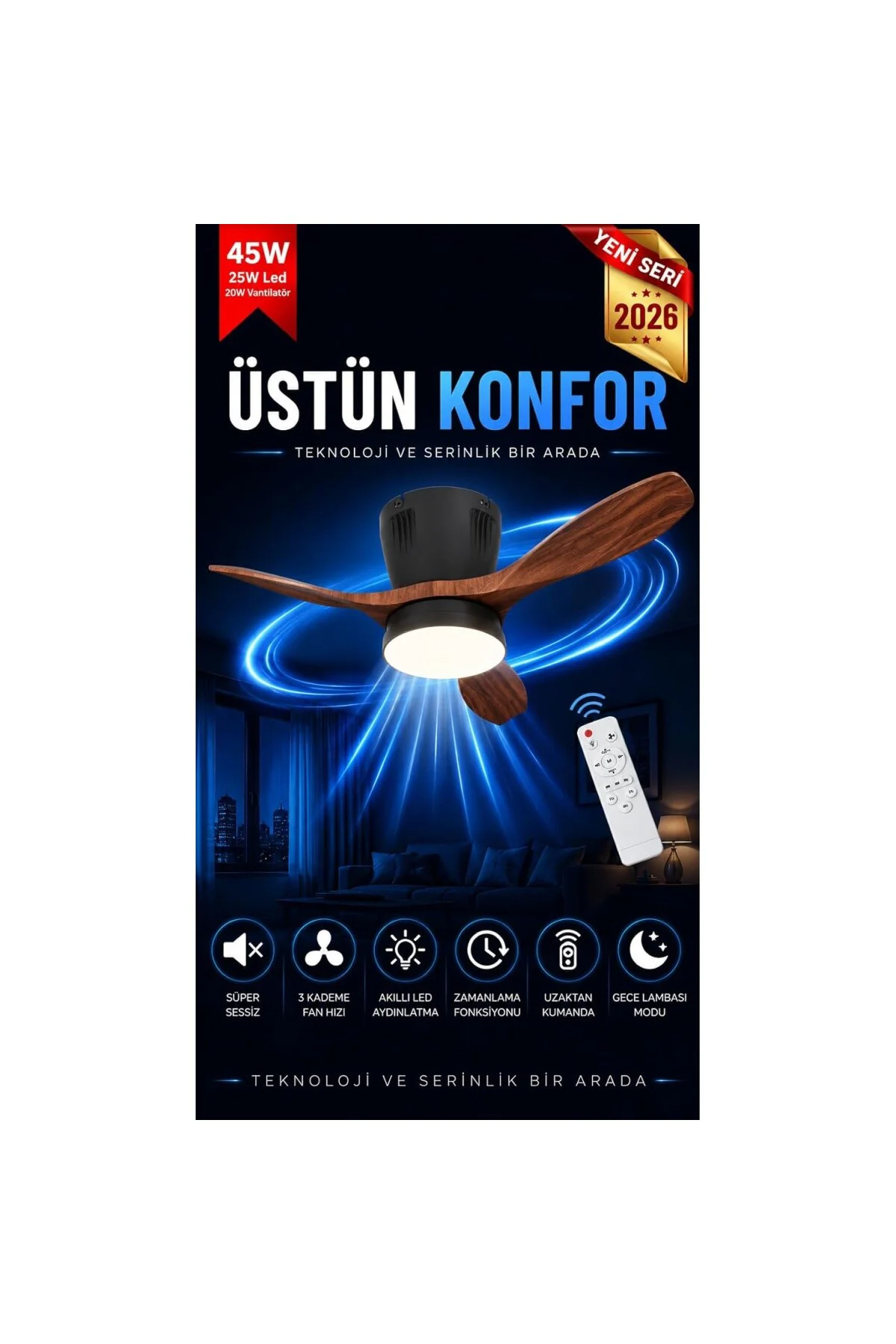 Tavan Vantilatörü LED Avize Armatür 45W 54CM 3 Kanatlı Sessiz DC 