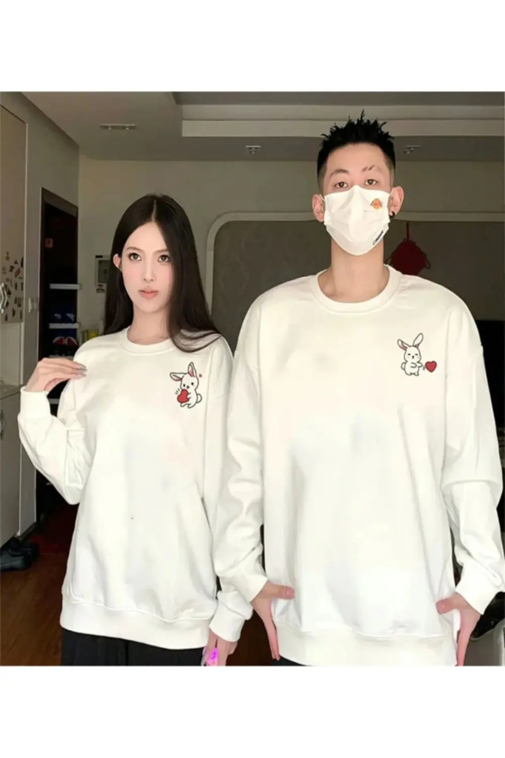 Tavşan Baskılı Sevgili Çift Kombini Kapüşonlu Sweatshirt - Hodie