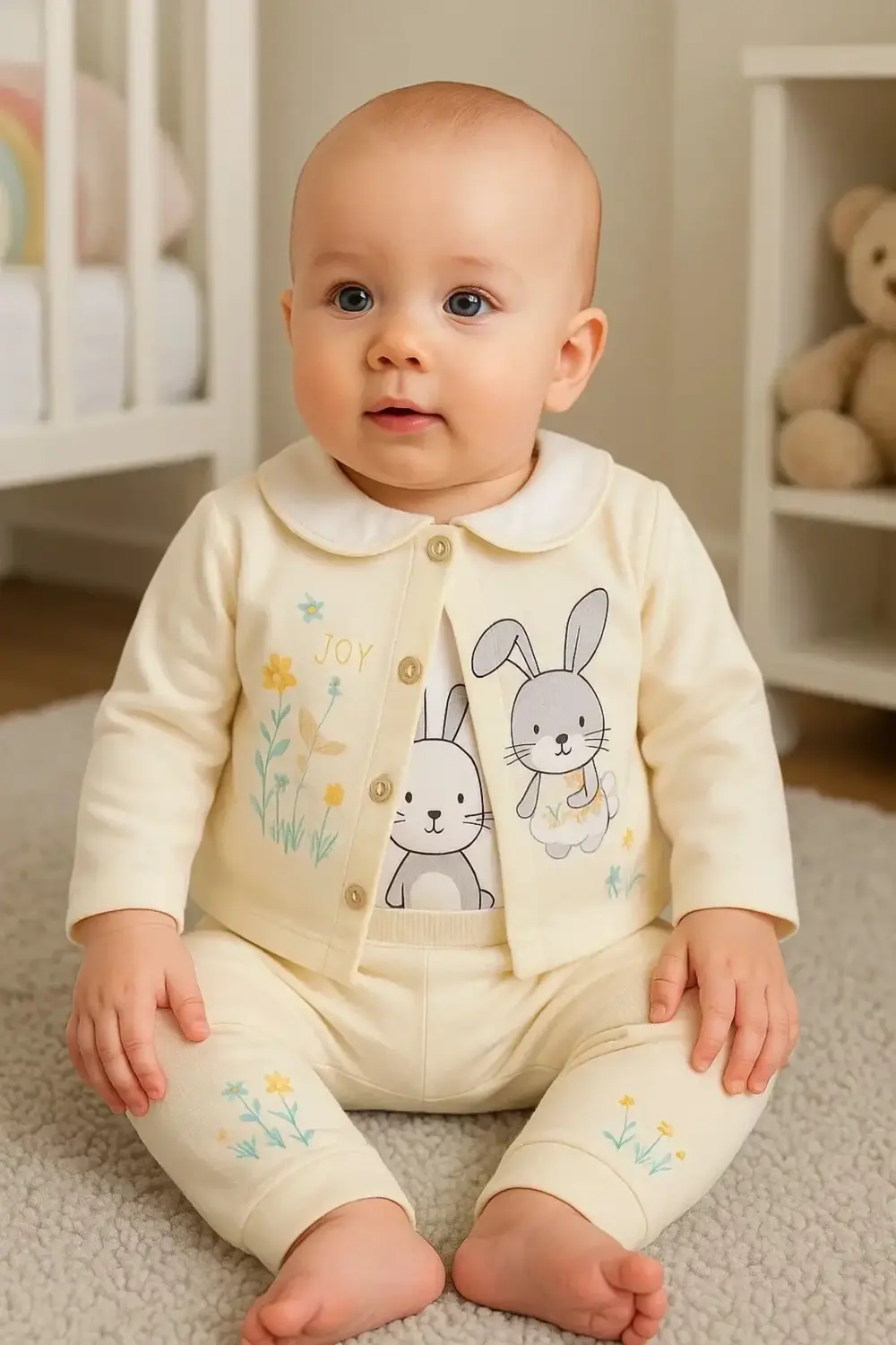 Tavşan Desenli Çiçekli 3'lü Hırkalı Kız Bebek Takım