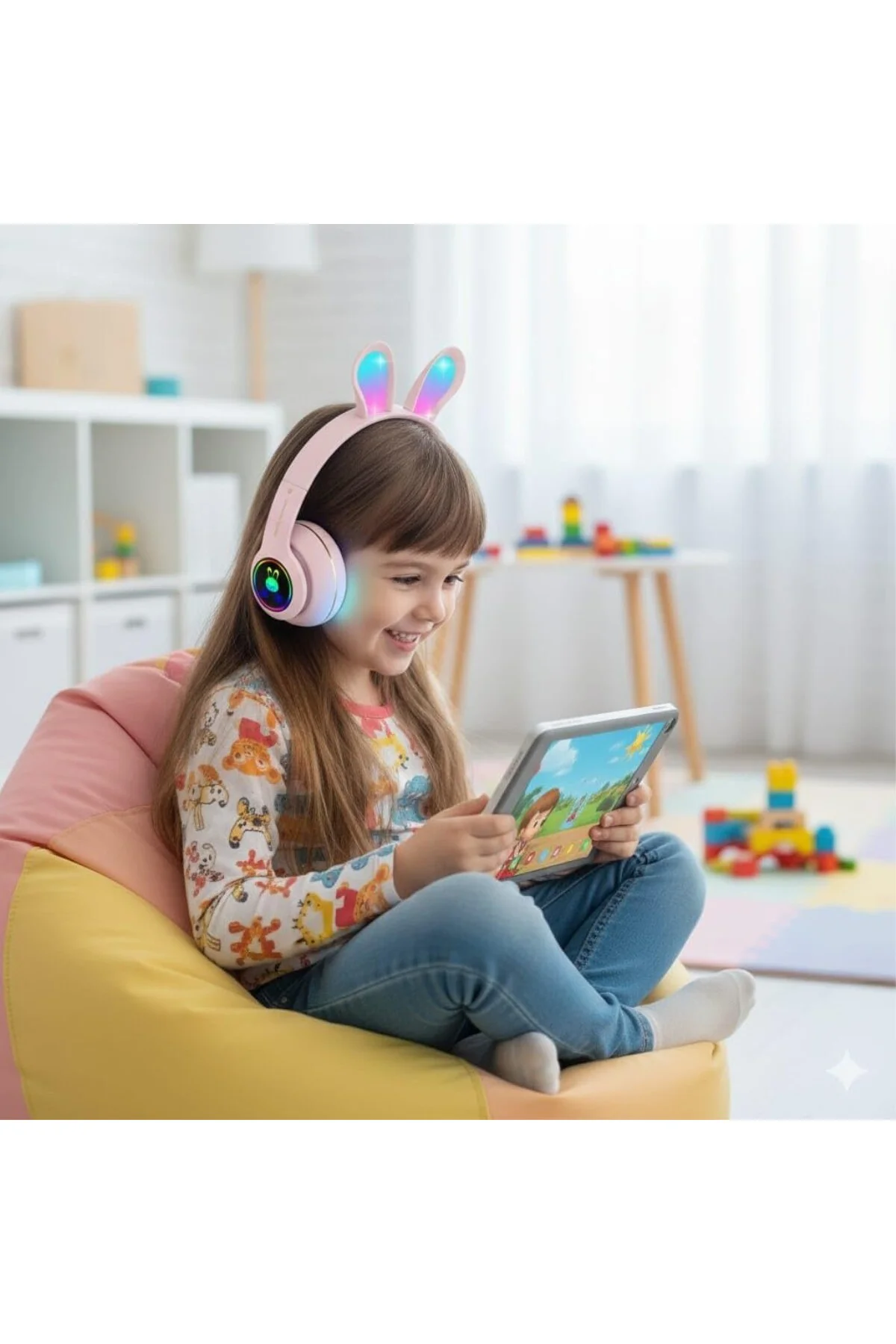 Tavşan Kulaklı Bluetooth Kulaklık, Renkli LED Işıklı, 5.0 Versiyon, Ayarlanabilir Büyüklük