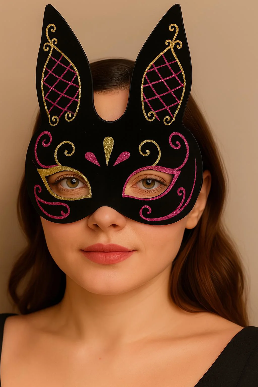 Tavşan Maskesi - Siyah Süet Kırmızı Gold Simli Maske