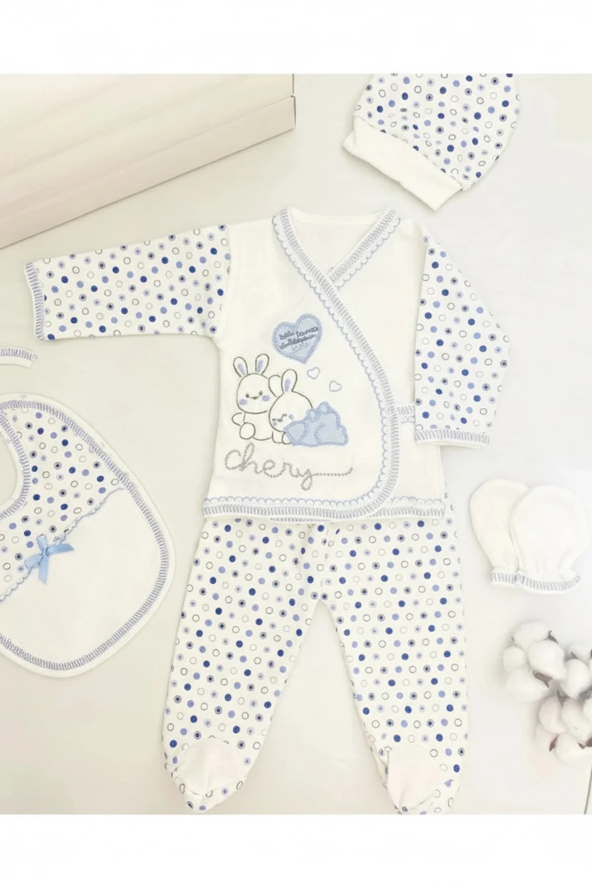 Tavşan Nakışlı Desenli Pamuklu Yenidoğan 5'li Hastane Çıkışı Zıbı