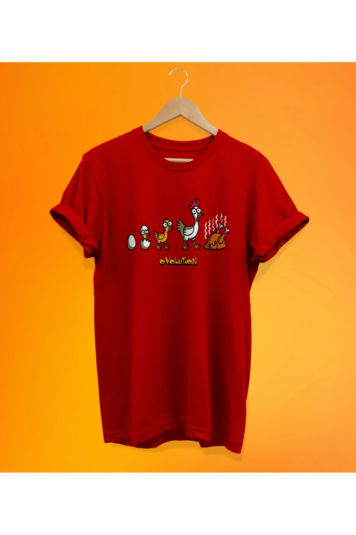Tavuk Evrimi Baskılı Kırmızı, %100 Pamuk Basic (Normal Beden) T-S