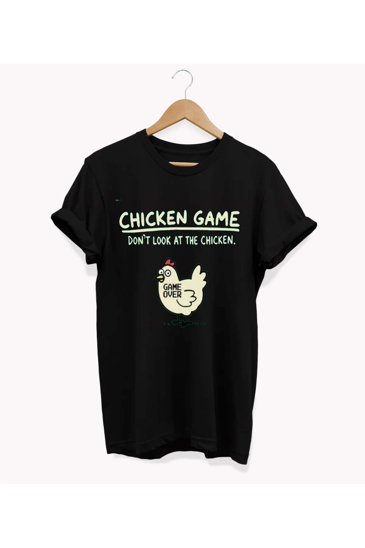 , Tavuk Oyunu Baskılı, %100 Pamuk, Bisiklet Yaka, Oversize T-shirt, Büyük Beden Tişört