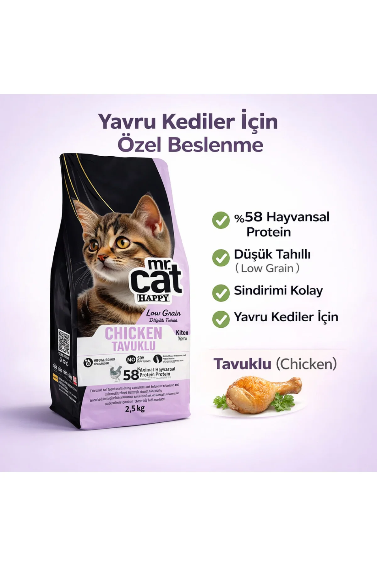 Tavuklu Yavru Kedi Maması 2,5 Kg - %58 Hayvansal Proteinli, Düşük