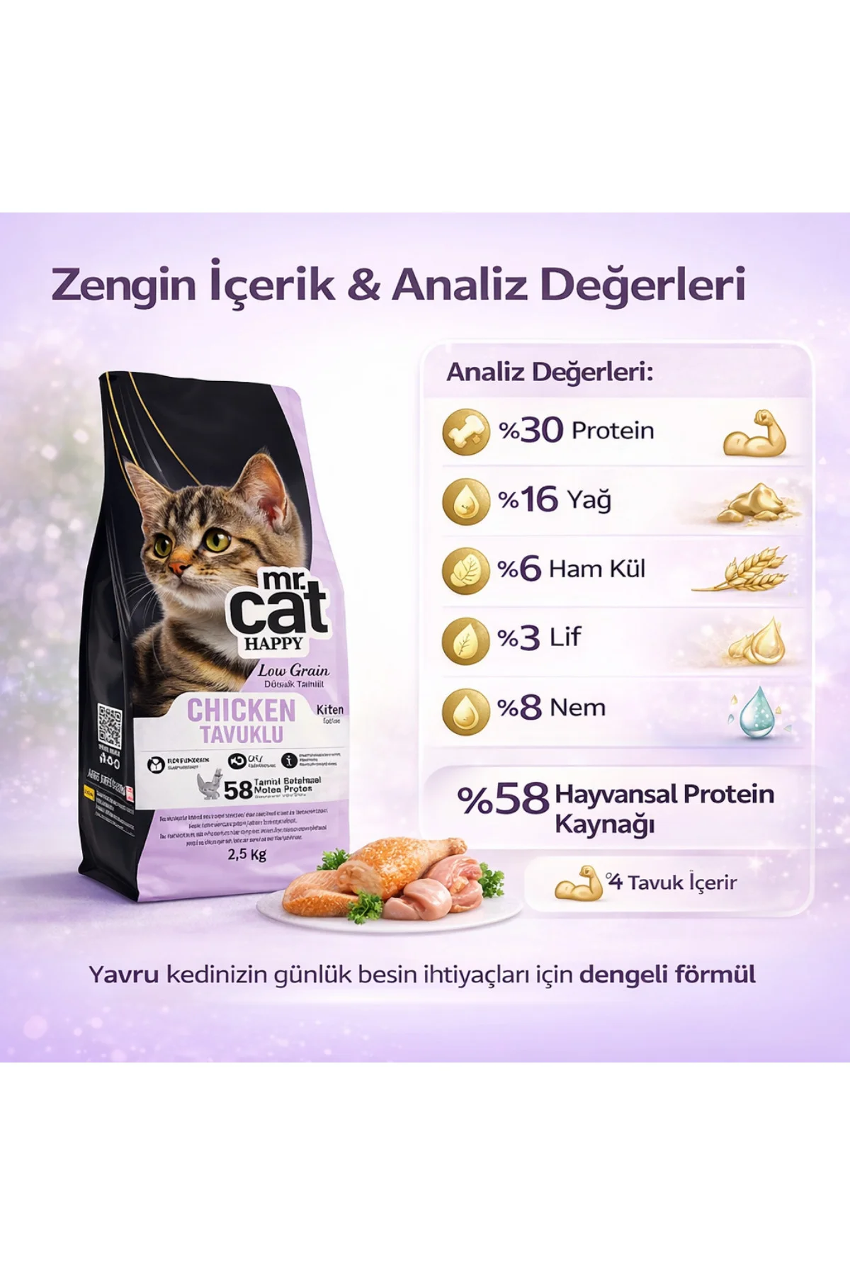 Tavuklu Yavru Kedi Maması 2,5 Kg - %58 Hayvansal Proteinli, Düşük