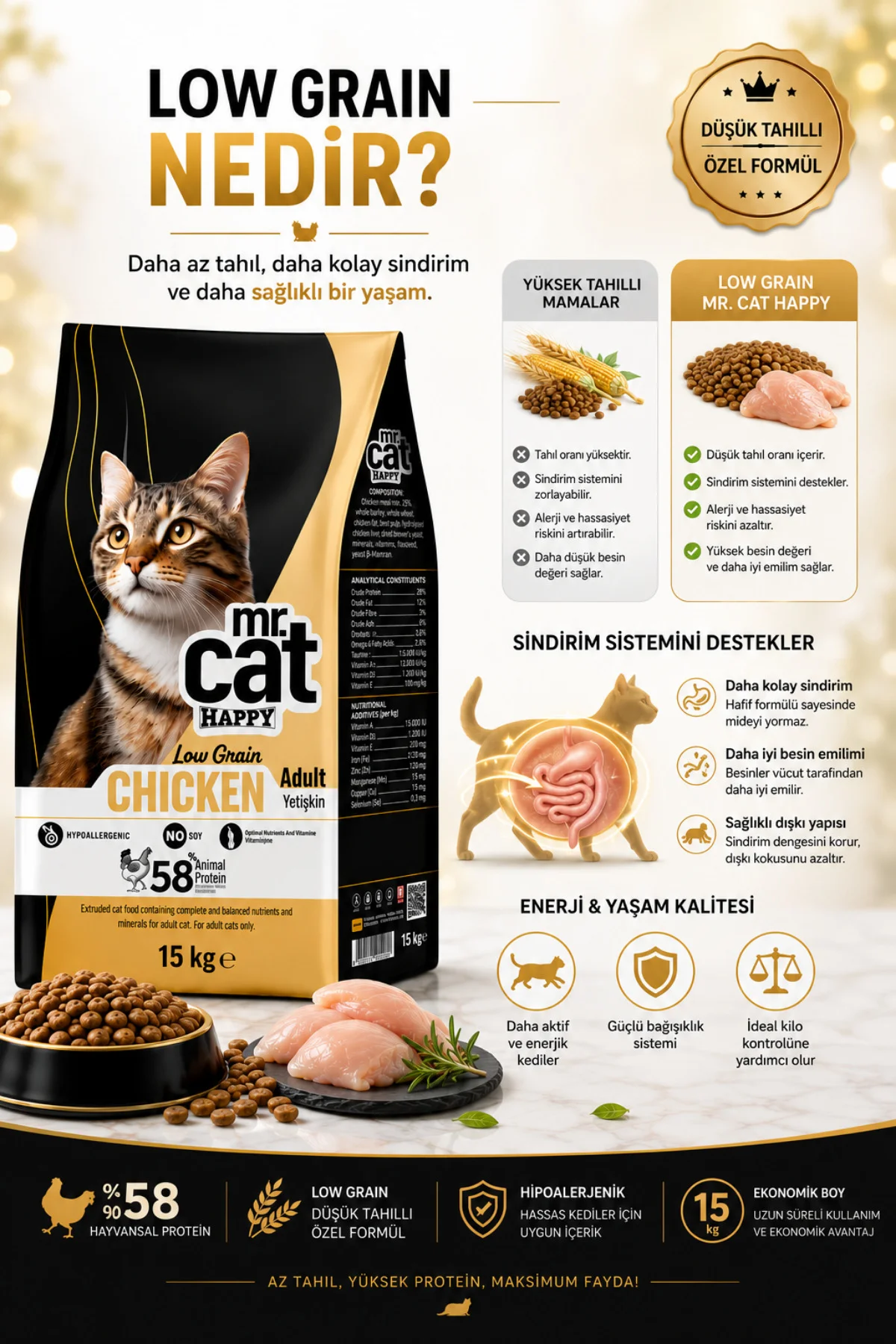 Tavuklu Yetişkin Kedi Maması 15 Kg Low Grain Hipoalerjenik Tavuklu Yetişkin Kedi Maması 15 Kg Low Grain Hipoalerjenik
