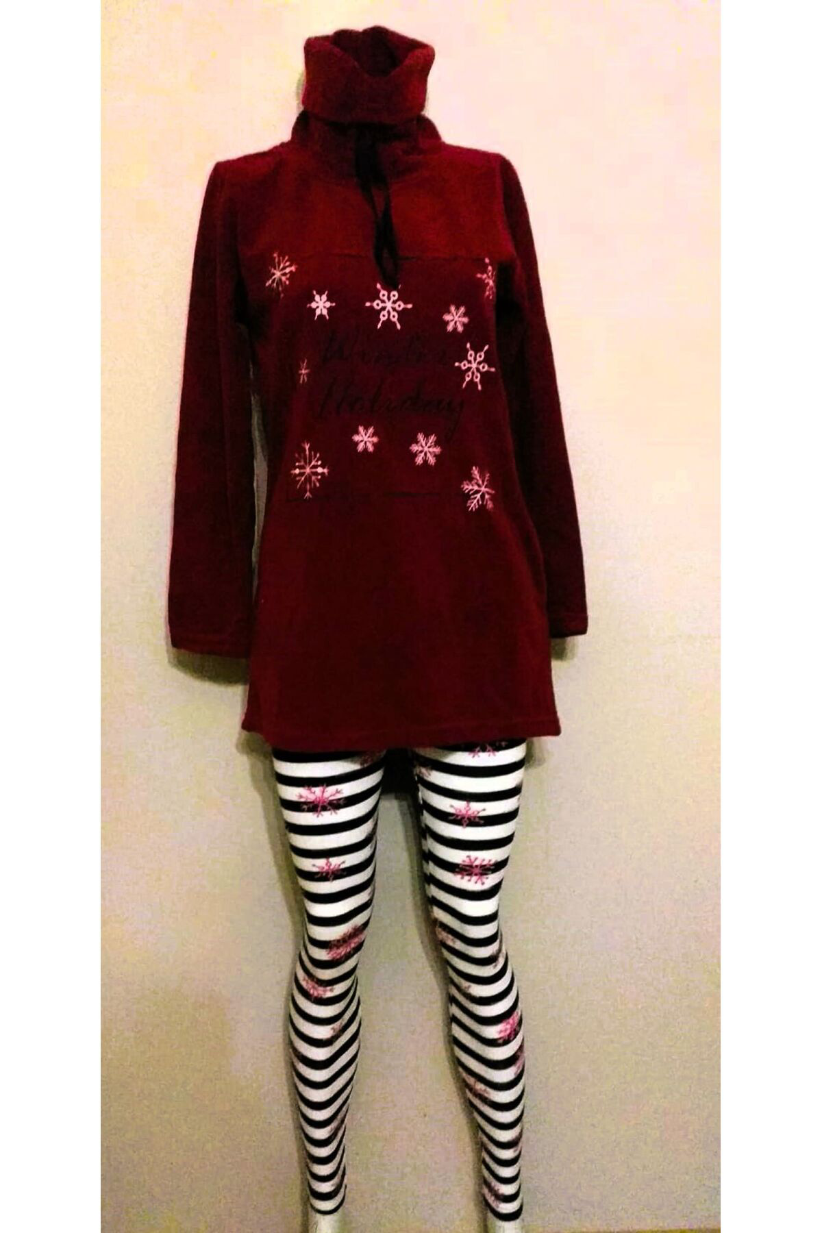 Taytlı Polar Pijama Takımı Bordo