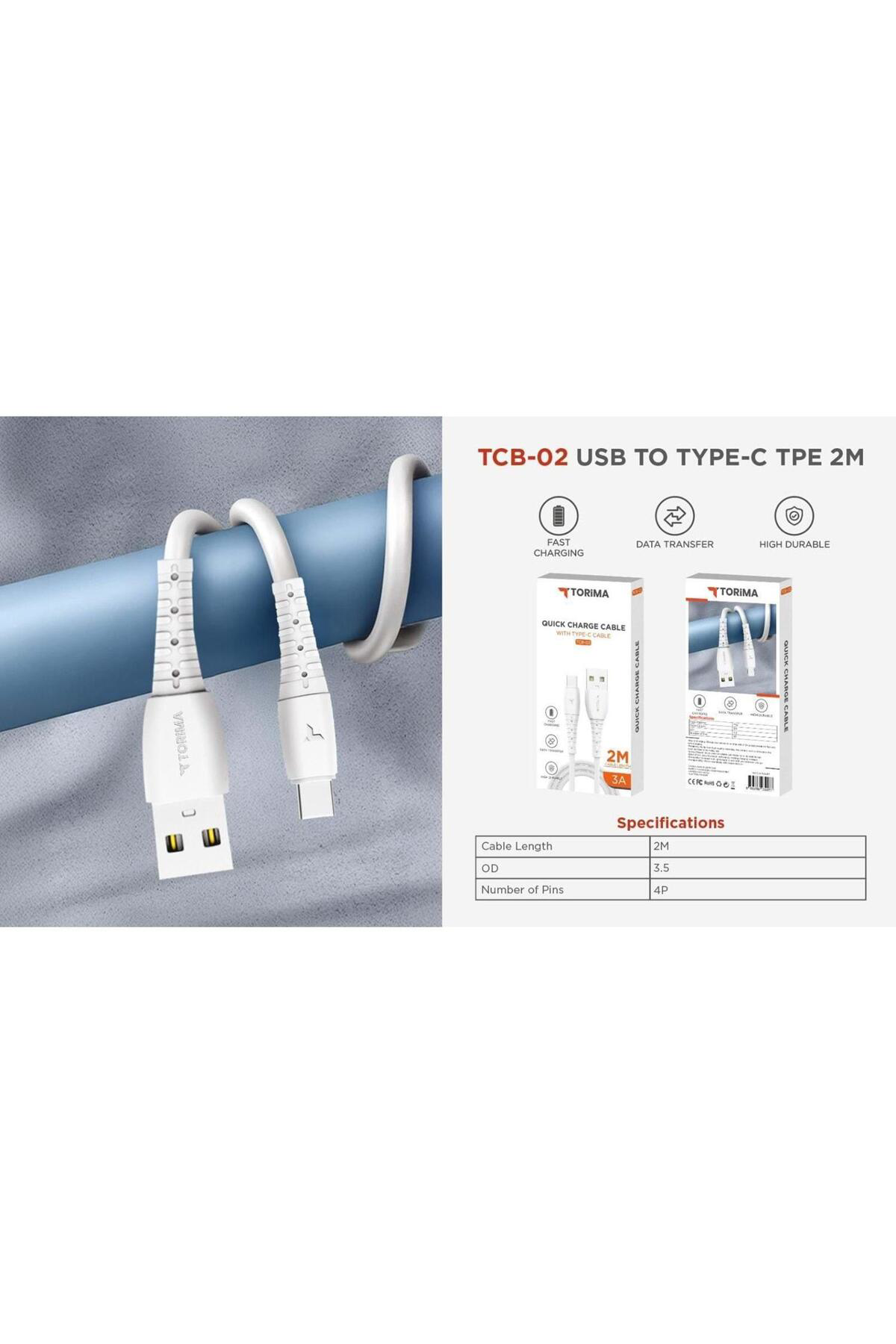 TC L 306 ile Uyumlu 2 Metre 3 Amper Usb -Type C Şarj ve Data Kabl