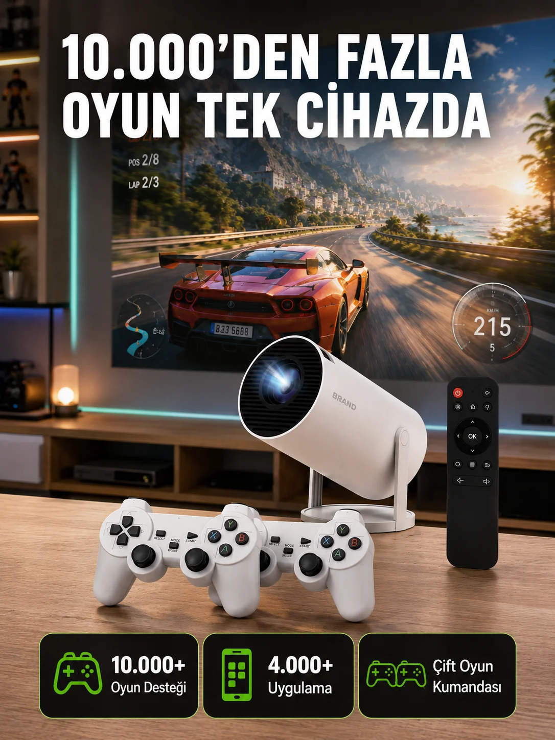 TÇift Kollu Tasarımlı Kablosuz Projeksiyon – 4K, 10.000 Oyun ve Smart App Desteği Yeni Nesil TÇift Kollu Tasarımlı Kablosuz Projeksiyon – 4K, 10.000 Oyun ve Smart App Desteği Yeni Nesil