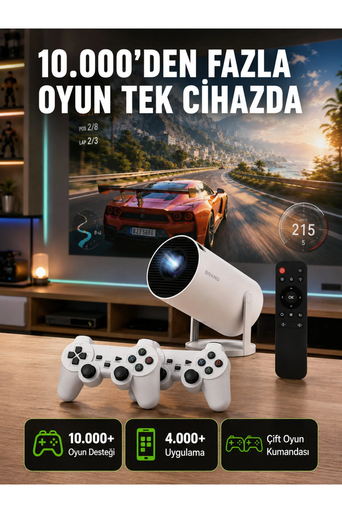 Tçift Kollu Tasarımlı Kablosuz Projeksiyon – 4K, 10.000 Oyun Ve Smart App Desteği Yeni Nesil Tçift Kollu Tasarımlı Kablosuz Projeksiyon – 4K, 10.000 Oyun Ve Smart App Desteği Yeni Nesil