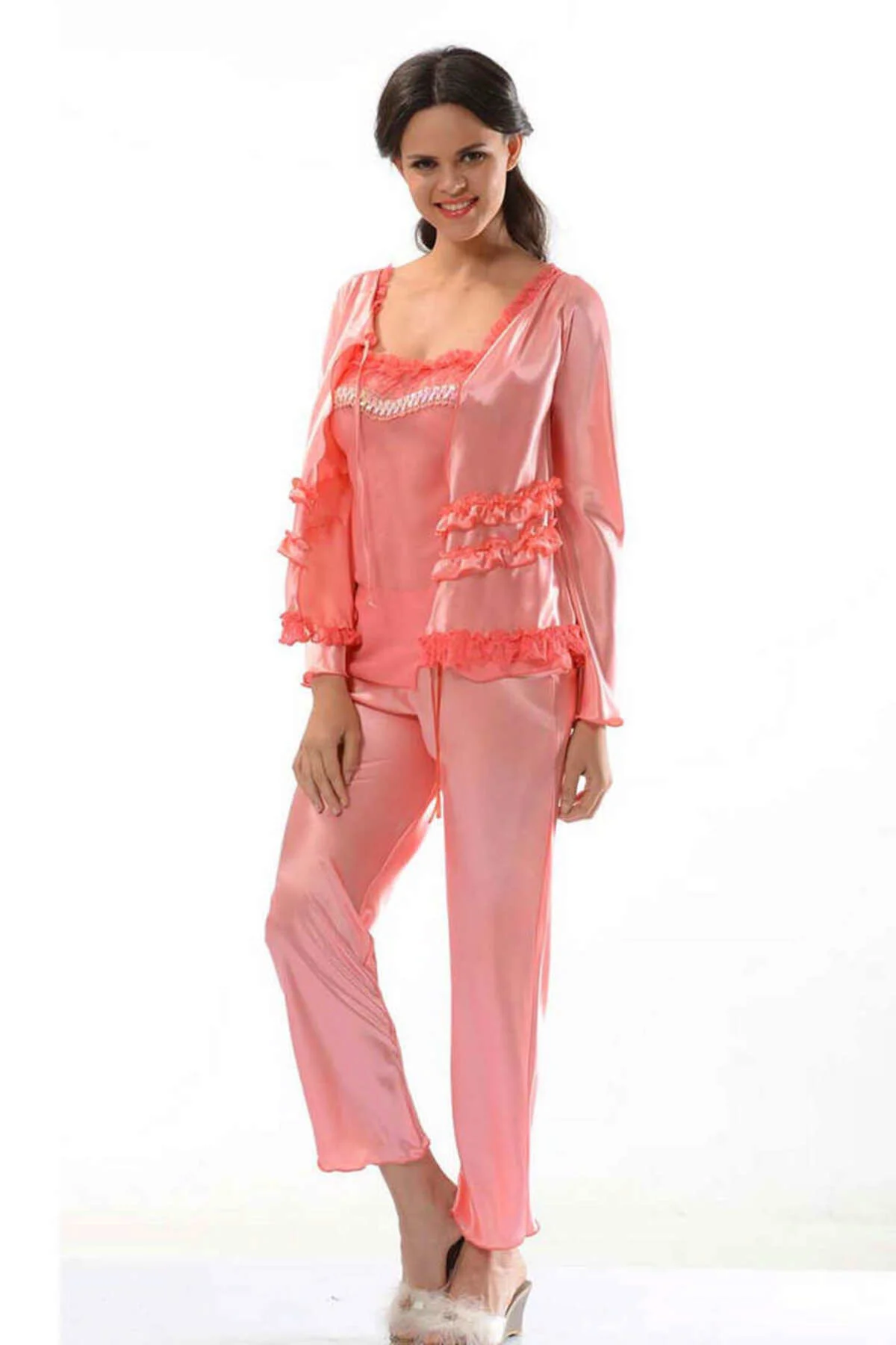 TECHMRT Nar Çiçeği Saten Pijama Takımı - 1413 - (231453) Beden XL