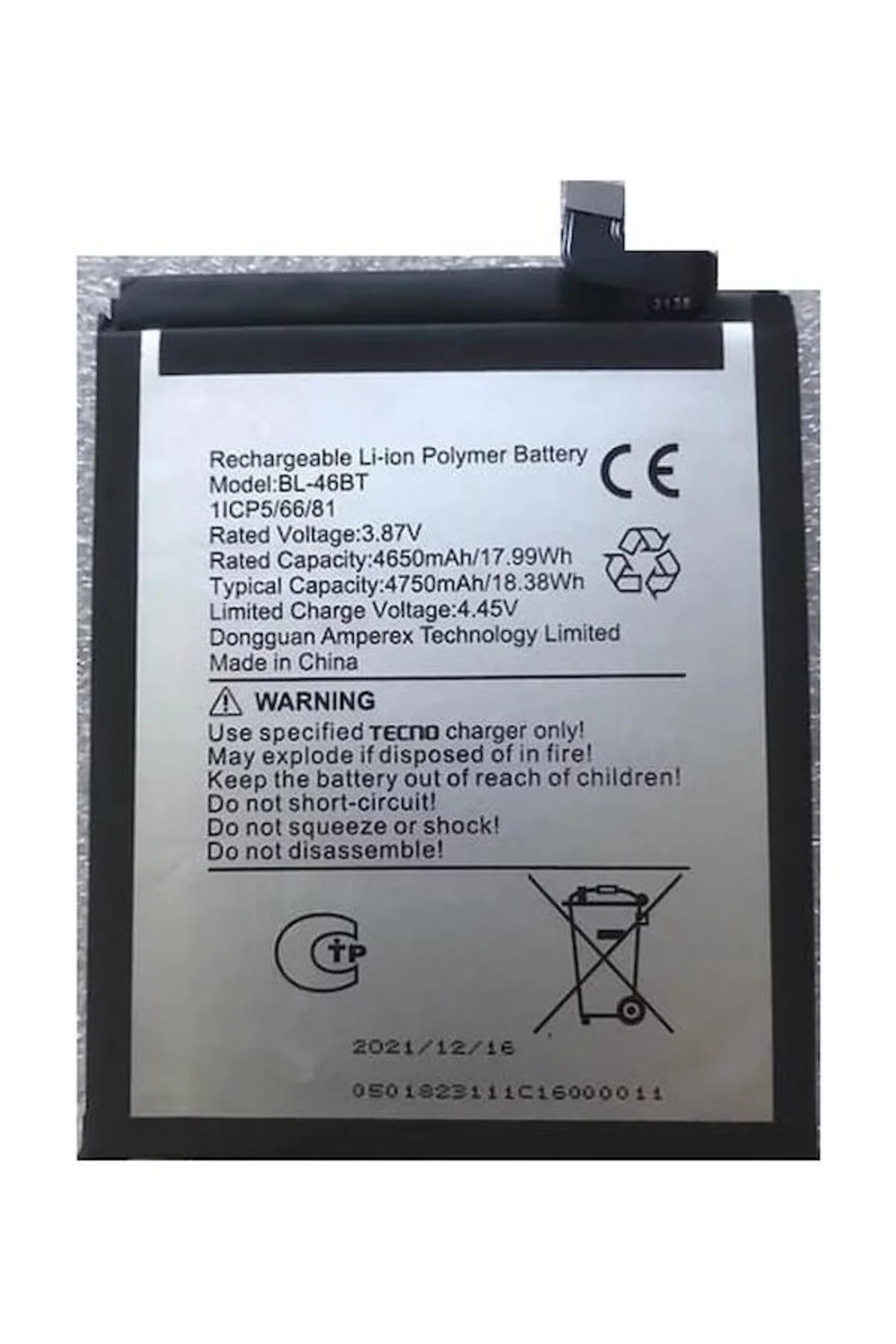 Tecno Camon 18 Premier ile Uyumlu Ithal Pil BL46BT