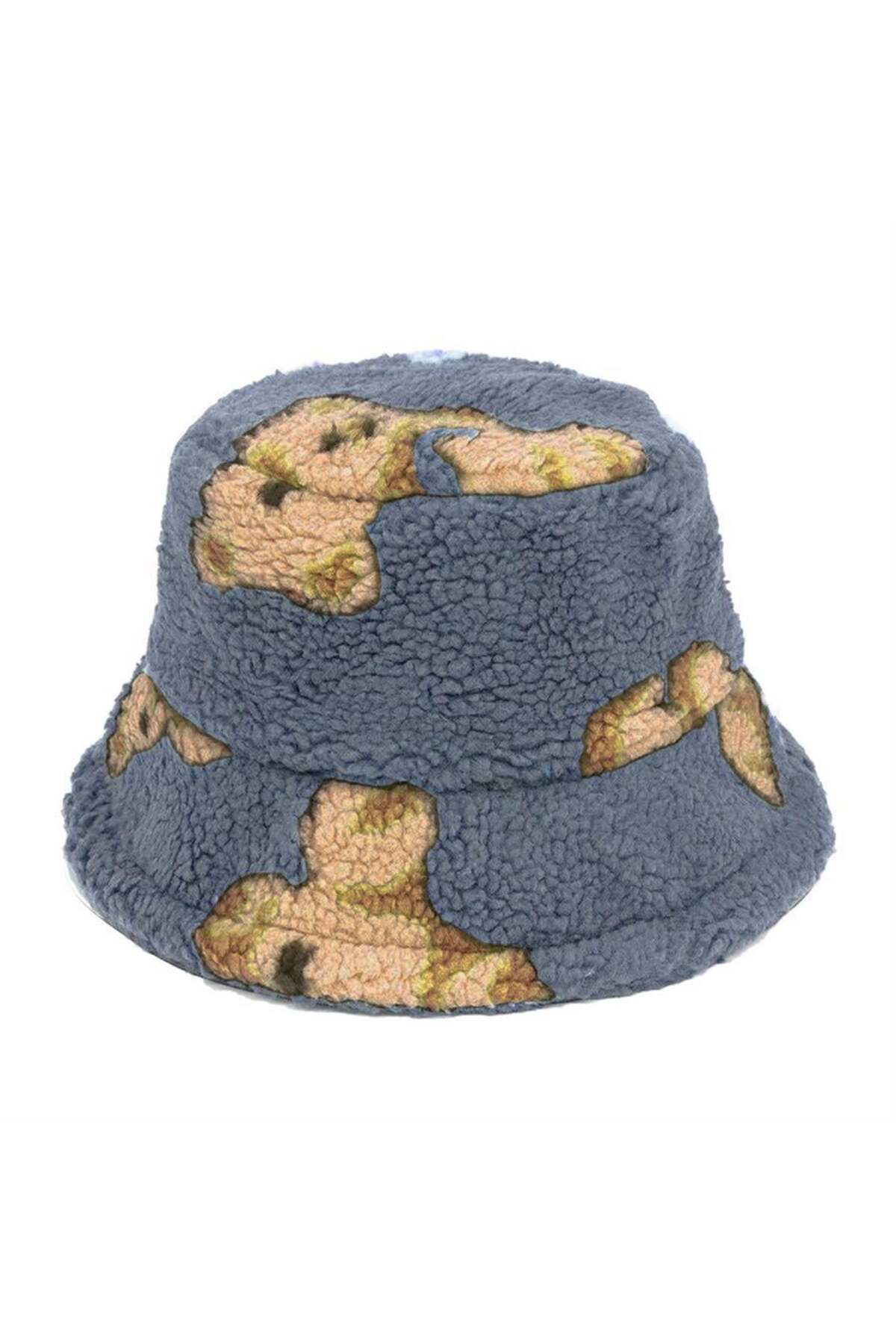 Teddy Bear Allover Indigo Kışlık Kalın Bucket Şapka