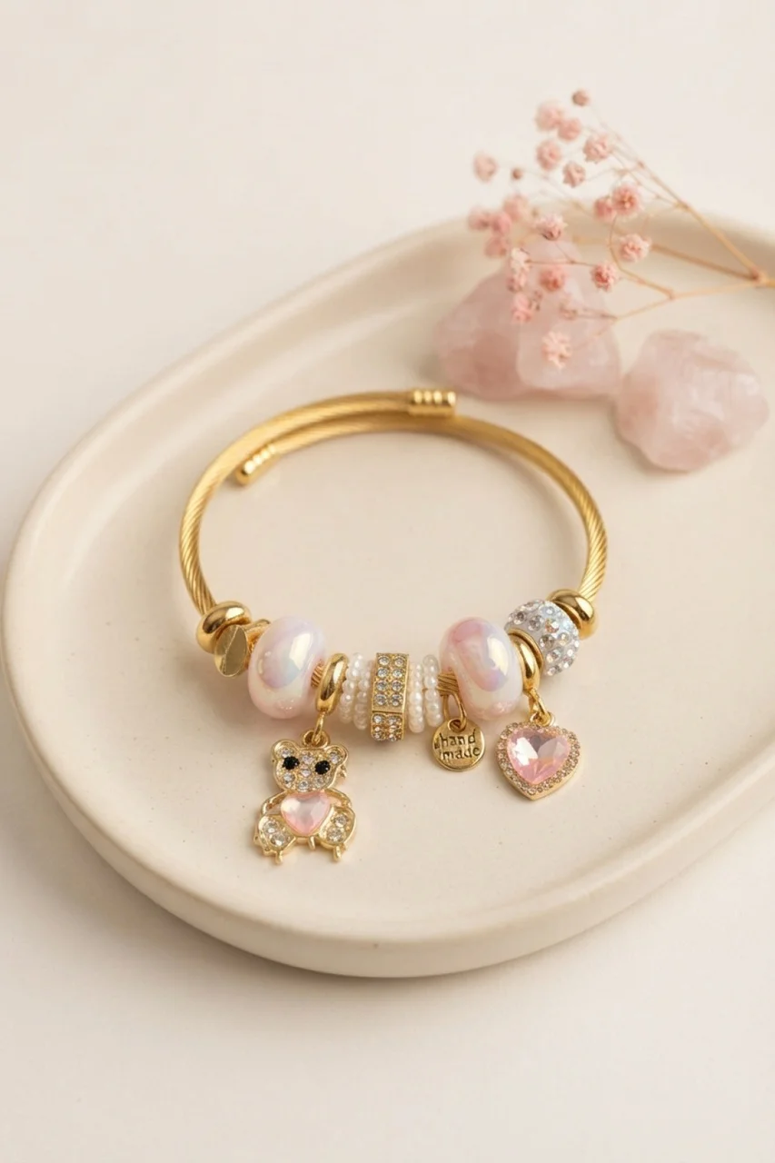 Tedy Bear Model Gold Renk Pembe Charmlı Bileklik - Lisinya Diğer