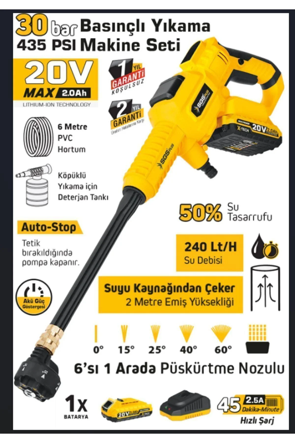 TEK AKÜLÜ BASINÇLI YIKAMA MAKİNESİ SETİ 30BAR 435PSI 1*2.0Ah