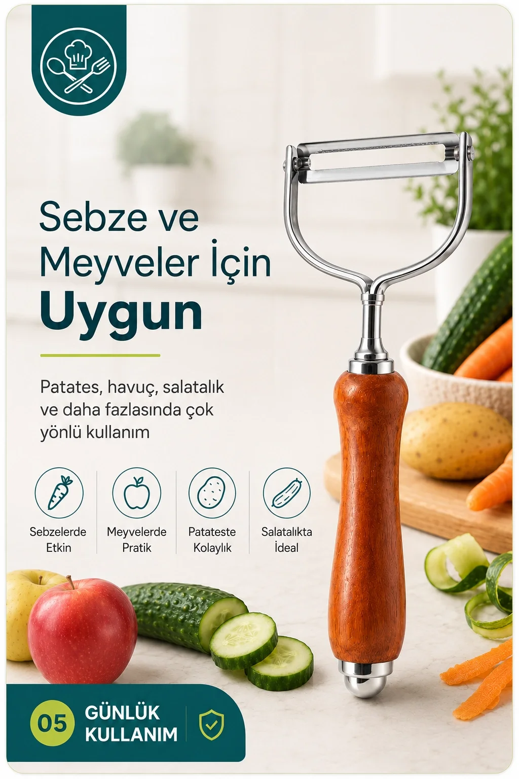 Tek Başlıklı Ahşap Saplı Metal Soyacak Sebze ve Meyve İçin Pratik Kullanım