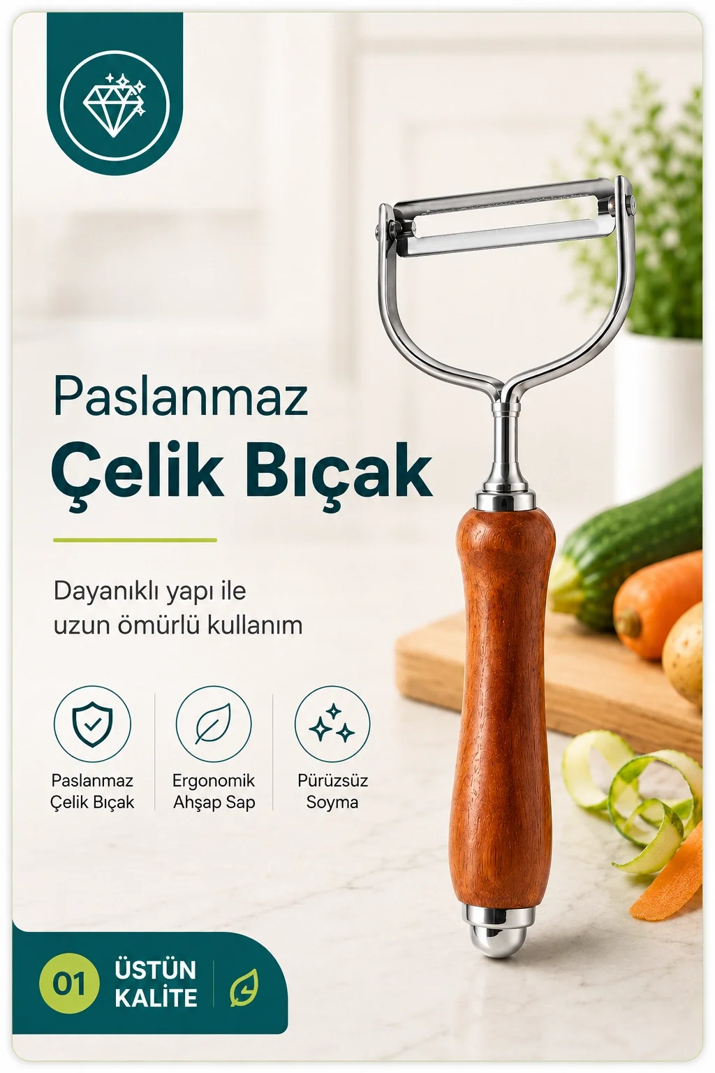 Tek Başlıklı Ahşap Saplı Metal Soyacak Sebze ve Meyve İçin Pratik Kullanım