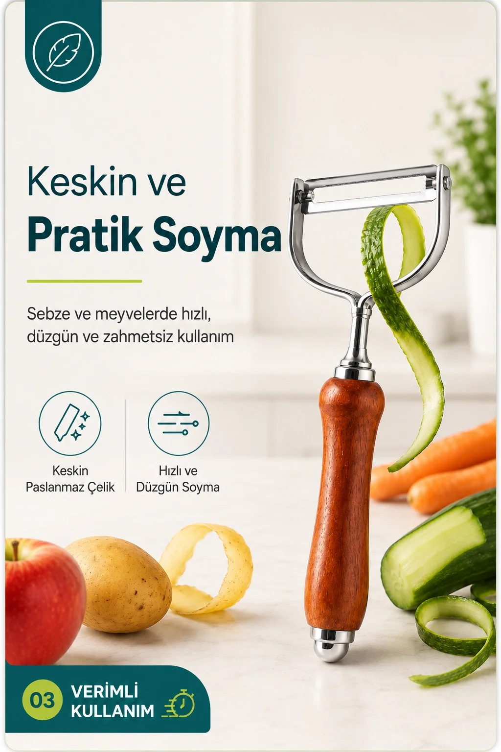 Tek Başlıklı Ahşap Saplı Metal Soyacak Sebze ve Meyve İçin Pratik Kullanım