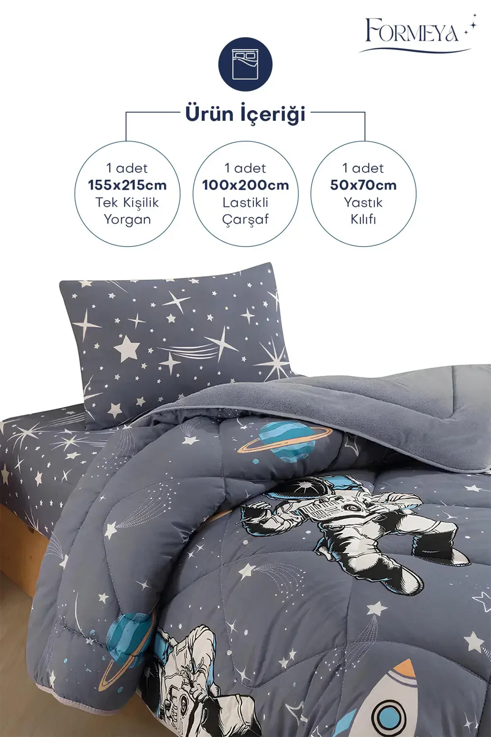 Tek Kişilik Çarşaflı Astronot Desenli Çift Taraflı Wellsoft Uyku